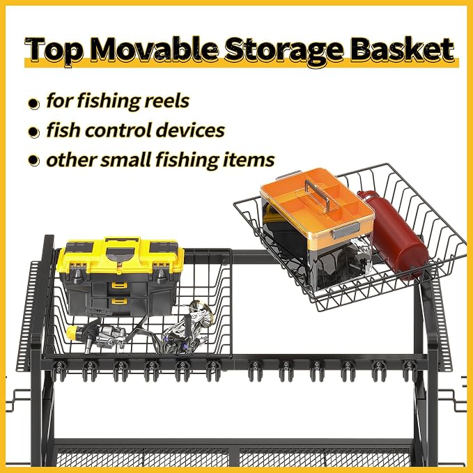 SOYEEZE Large Size Fishing Rod Holders for Garage, Heavy Duty 3-Tier Fishing Pole Rack Holds Up to 12 Rods, Fishing Gear Organizer with 2 Metal Baskets, Fishing Storage Cart with Lockable Wheels