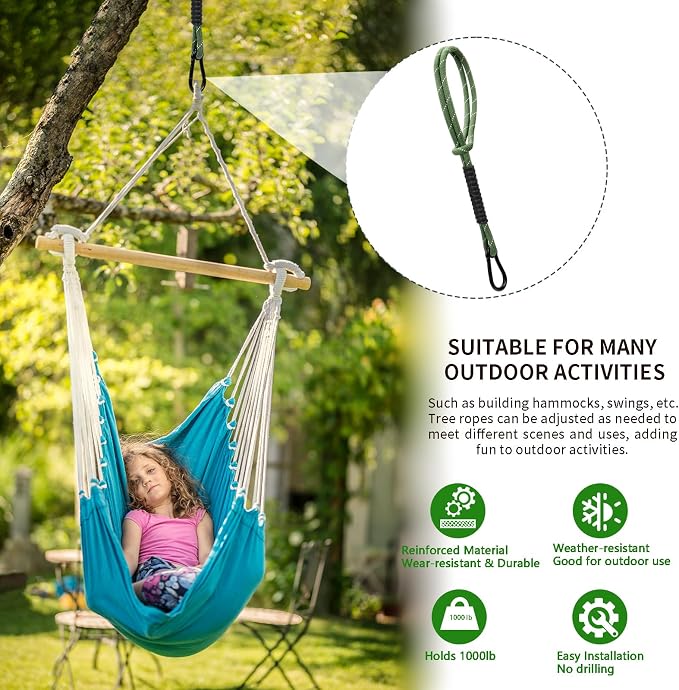 Heavy Duty Tree Swing Ropes, Hammock Tree Straps Hanging Kit, for Outdoor Swings Hammock Playground Set Accessories (2ft,25",Green,1Pack)
