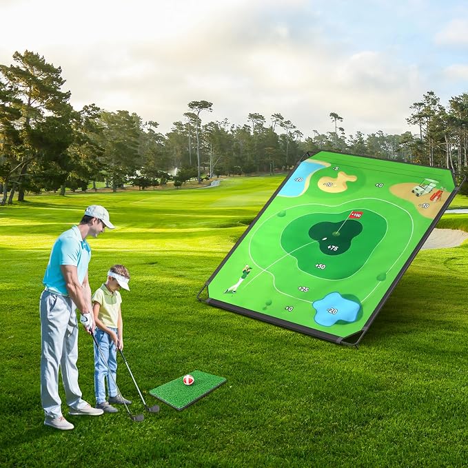 BaiYuan Portable Golf Chipping Game Set for Dads & Junior Golfers - Indoor, Outdoor Backyard & Lawn Fun with 24 Sticky Balls, Putting Mat, 2 Putter & Carry Bag - Easy Setup Family Golf Gifts