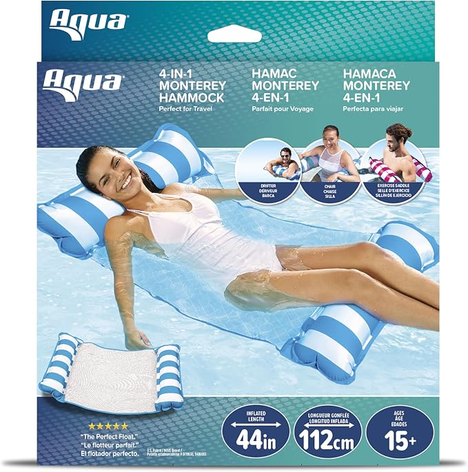 Aqua Original 4-in-1 Monterey Hammock Pool Float & Water Hammock – Multi-Purpose, Inflatable Pool Floats for Adults – Patented Thick, Non-Stick PVC Material – Light Blue