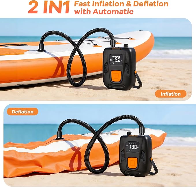 Electric Paddle Board Pump, Rechargeable 20 PSI SUP Pump for Paddleboard with Dual-Stage Inflation& Deflation, Portable Pump with LED Light & Auto-Off for Paddle Boards,Boats,Kayaks
