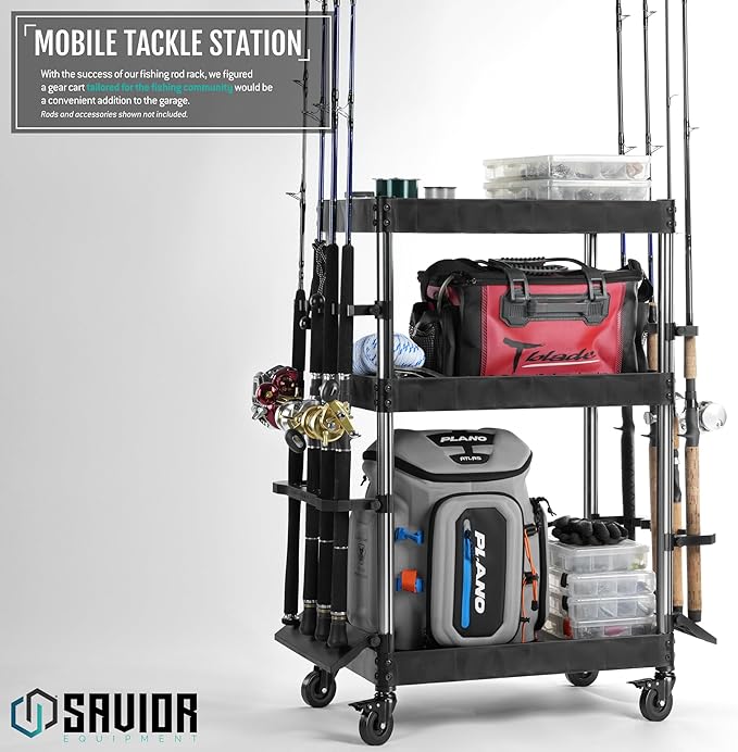 Savior Equipment Mobile Tackle Station 16 Fishing Rod Holder Cart w/Wheels, Adjustable Rack For Different Rod & Reel, 3-Level Fishing Gear Storage Pole Organizer For Garage Home Indoor Use, Black