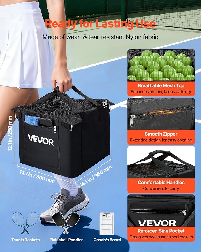VEVOR Tennis & Pickleball Hopper Holds 200/175/150/120 Balls, 3-in-1 Tennis Foldable Pickleball Basket Cart for Easy Installation, Storage Bag for Tennis Training & Teaching