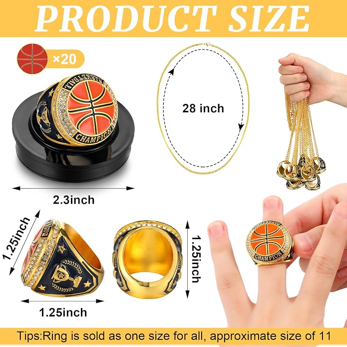 Highergo 20 Pcs Baseball Softball Basketball Football Champion Rings with Display Neck Chain and Stand Volleyball Soccer Cheer Trophy Rings Bulk for Tournament Award Gift