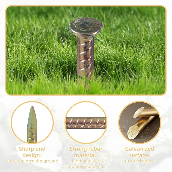 16 Inch Rebar Stakes, 1/2 Inch Diameter Galvanized Steel Ground Anchors, Heavy Duty Metal Spikes for Speed Bump, Wheel Stop, Parking Curb and Tent (24 Pack, Golden)
