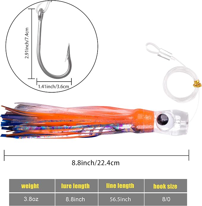Trolling Lures Saltwater for Tuna Mahi Marlin Wahoo Dolphin Shark Offshore Trolling Baits with Squid Skirt Big Game Fishing Lures Deep Sea Squid Skirts Rig 6/9 inch