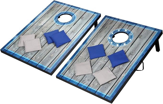 Hathaway Atlantic LED Cornhole Board Set – Includes 8 Rip-Resistant Bean Toss Bags & 2 Target Boards with Built-in Cornhole Lights & Nylon Carrying Bag for Portability – Blue/White