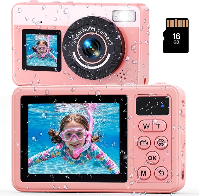 Maxmango D70 Underwater Camera, 10FT Waterproof Digital Camera for Pool & Beach, 4K 48MP Teens Underwater Cam with Dual Screens, Autofocus, 18X Zoom, Floating Camera for Boys Girls Pink(16GB)