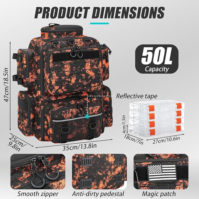 Tactical Fishing Tackle Backpack with Tackle Boxes, Rod Holders & Bottle Holder, 50 L Large Fishing Tackle Box Backpack with Cooler, Fishing Bag with Trays Store Gear & Equipment, Mars CM