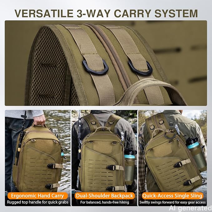 Goture Khaki Tackle Bag with Trays Rod Holder 900D Durable Fishing Tackle Storage Bag for Kayak, Shore Fishing