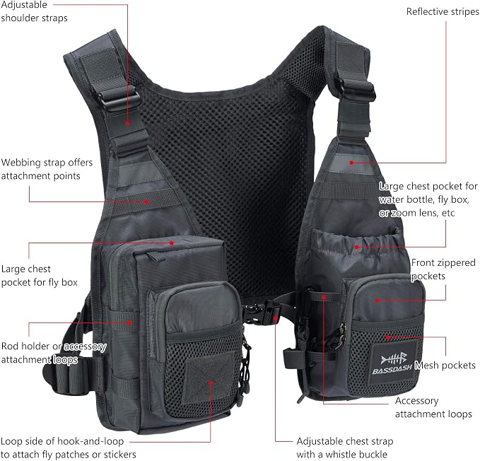 BASSDASH FV08 Ultra Lightweight Fly Fishing Vest for Men and Women Portable Chest Pack