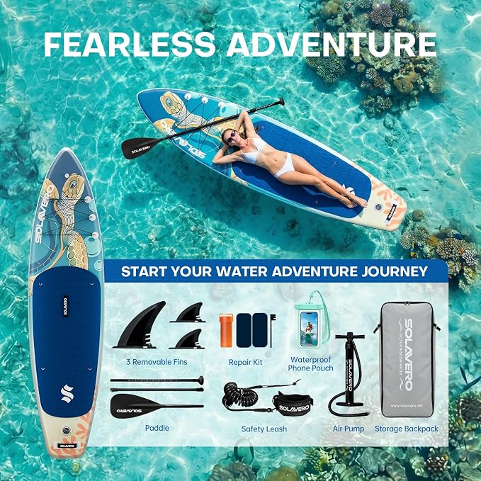 SOLAVERO Stand Up Paddle Board, 11‘ Inflatable SUP Supports 500LB - Wide Stable Board with Non-Slip EVA Deck for Adults & Youth of All Skill Levels