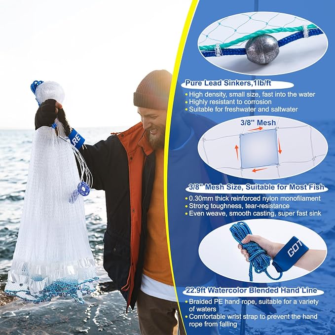 Goture American Fishing Cast Net Saltwater Freshwater, 3/8in Mesh Size Casting Net for Bait Fish Shrimp Trap, Dual Color Double Selvage Add Tape, Throw Cast Nets with Needle