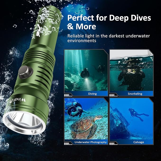 WINDFIRE Dive Light Scuba Diving Flashlight, IPX8 Waterproof 210 Feet Underwater Flashlight with Power Indicator & 4 Modes, Aluminum Submersible Torch for Deep Sea Diving and Snorkeling