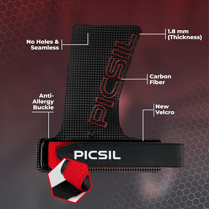 PICSIL - RX Grips | Synthetic Workout & Gymnastics Grips | Ultra-Resistant Carbon Fibre for Cross Training | Helps Prevent Tears & Blisters | Carbon Fibre Material | Use wiht Chalk |
