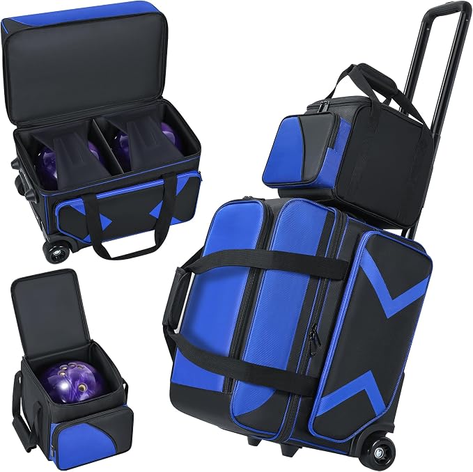 3 Ball Bowling Bag with Wheels, Rolling Bowling Bag 3 Ball Roller with Multi-pocket & Shoe Compartment (Up To US Men Size 16), 2 Ball Bowling Roller Bag PLUS 1 Ball Tote