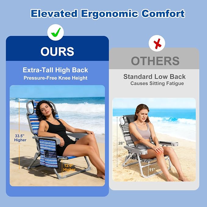 DIAMONDFORGE Lightweight Portable Beach Chair for Adults, 350 LBS Capacity Backpack Beach Chair, Reclining Beach Chair with 5-Position Lay Flat, Large Cup Holder for Beach Camping Sports, 1 Pack