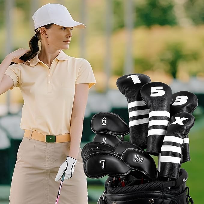Golf Club Covers Set for Woods & Irons | Waterproof Magnetic Golf Iron Covers | Driver Wood Headcover | Durable Leather Protectors with Double-Sided Embroidery