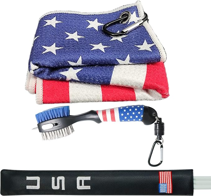 Amercian Flag Golf Towels and Brush & Golf Alignment Stick Cover, Golf Accessories for All Golfers