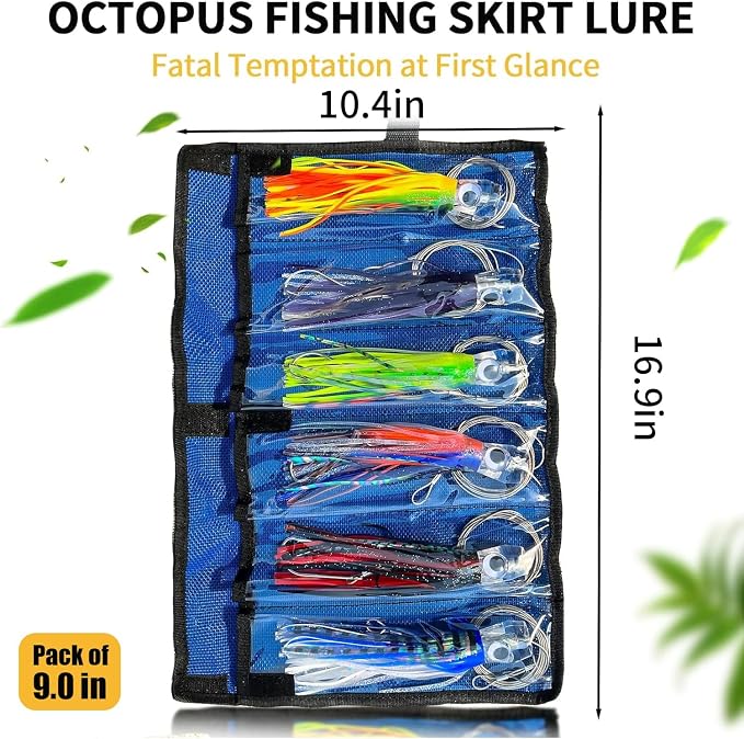 YOTO Trolling Lure Saltwater,6.5/9 inch 6 pcs Squid Skirted Deep Sea Fishing Lure kit,Tuna,Marlin,Wahoo,Shark,Mahi Trolling Fishing Lures
