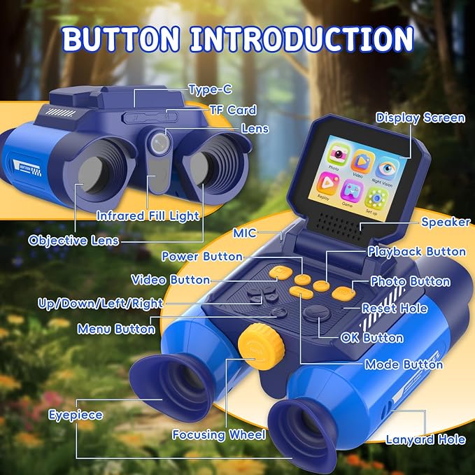Binoculars for Kids with Night Vision, 2.4" HD Screen & 10X Zoom for Photo and Video - Outdoor Adventure Binoculars Bird Watching, Camping, Hiking, Gifts for Kids Ages 4+ (Blue)