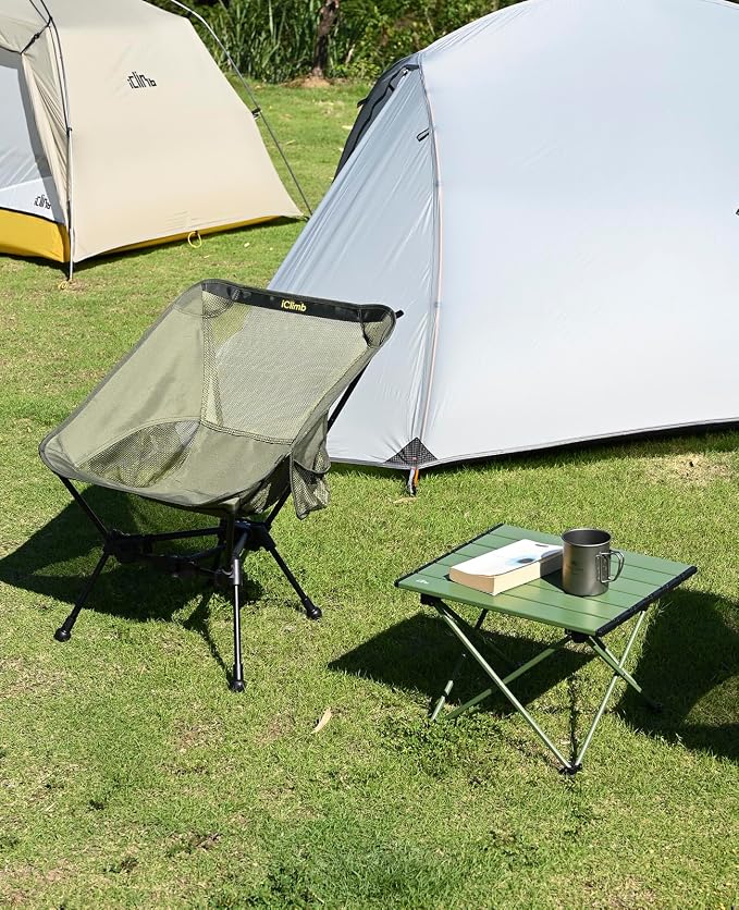 iClimb Ultralight Compact Camping Folding Beach Chair with Anti-Sinking Large Feet and Back Support Webbing (Green - Triangular Frame)