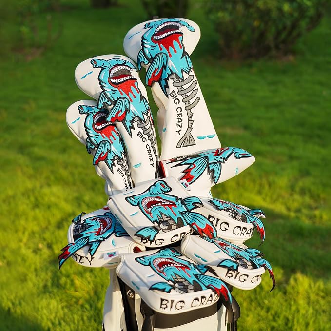 Big Crazy Golf Head Covers, Golf Club Covers Funny, Driver Headcovers, Golf Club Covers, Fairway Woods Head Covers, Hybrids Headcover, Putter Cover with Soft Lining for Golf Gift Hammerhead Sharks