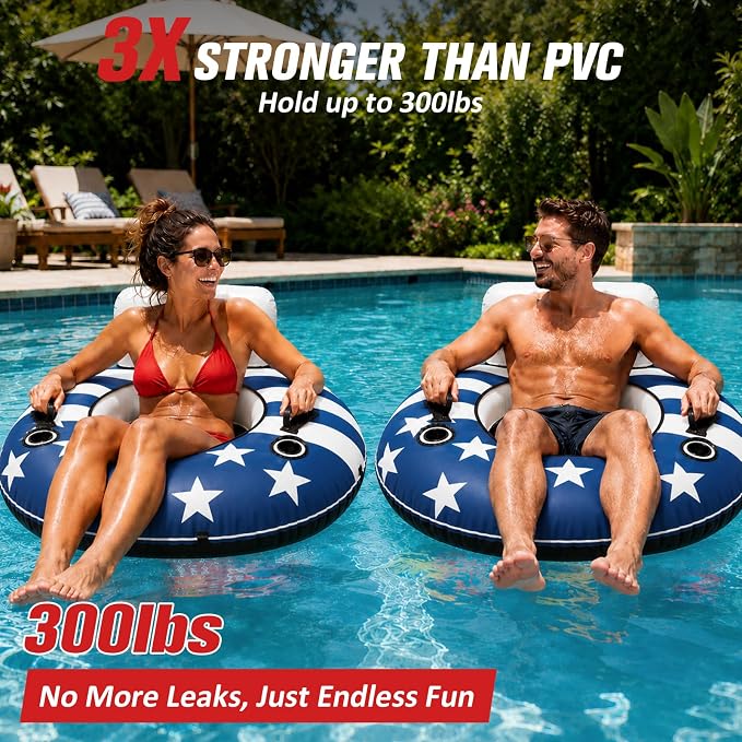 ZEALFEEL River Tube, 53'' River Float Tube with Premium Canvas Cover, Comfortable Backrest, 2 Built-in Cup Holders, Tow Strap & Handles, Inflatable PVC Water Inner Tubes for Adults Lake Pool Floating