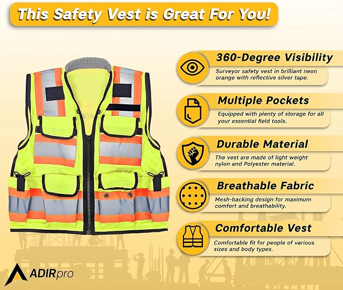 AdirPro Surveyor Safety Vest with Pockets - High visibility Reflective Construction Vest