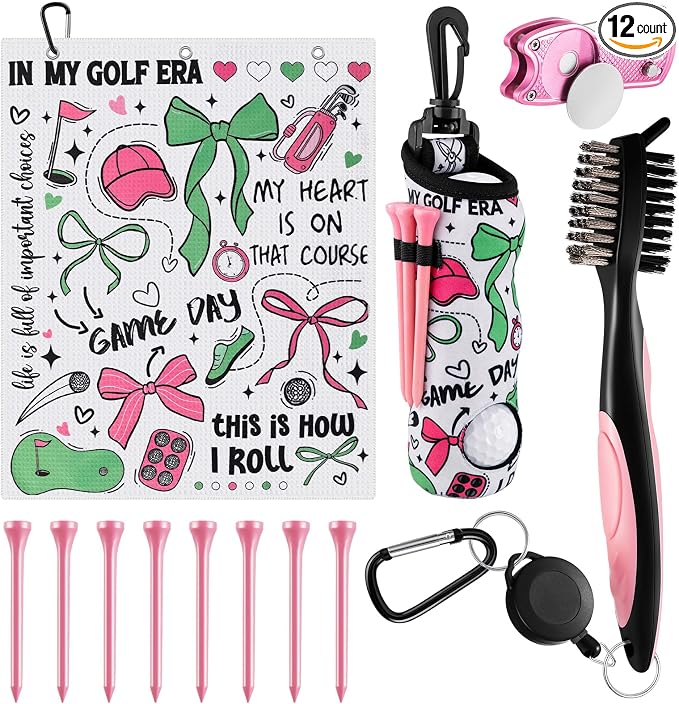 Liliful 12 Pcs Golf Accessories Kit, Include Golf Ball Bag with Hook Towel Tees Magnetic Ball Marker Divot Tool Cleaner Brush for Women Man Gifts