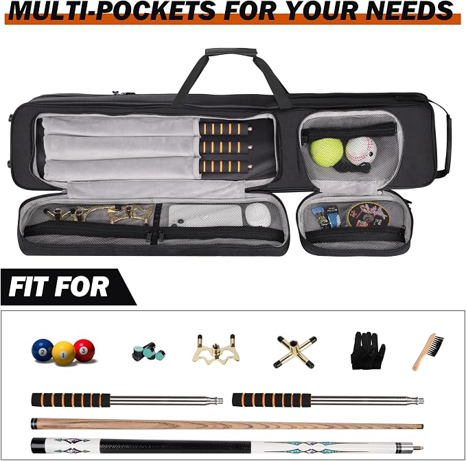 Hikeen Premium Pool Cue Case,4 X 4 Pool Stick Case with Soft Velvet Lining Holds 4 Butts and 4 Shafts with Multi-Front Pocket for Billiard Accessories - Adjustable Shoulder Straps