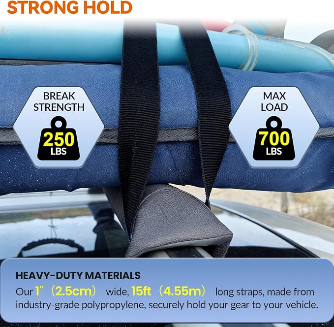 4PK 1" x15ft Surfboard Tie Down Straps Heavy Duty Roof Rack Lashing Straps | 700lbs max break strength cambuckle cords;safely secure kayaks,canoes,SUP paddle boards,and cargo without any paint scratches