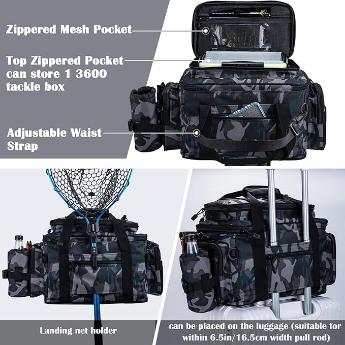 Goture Fishing Tackle Bag, Store Up to 4PCS 3700 Plus 2PCS 3600 Tackle Trays(Not Included), 600D Soft Side Gear Fishing Bag with Rod Straps,Detachable Water Bottle Pouch,Waterproof Bottom,SBS Zippers