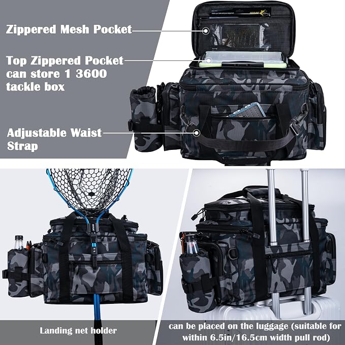 Goture Fishing Tackle Bag with 4PCS 3700 & 2PCS 3600 Tackle Boxes | 600D Water-Resistant, Rod Straps, Detachable Bottle Pouch,Waterproof Bottom, Freshwater & Saltwater Gear Storage Fishing Bag