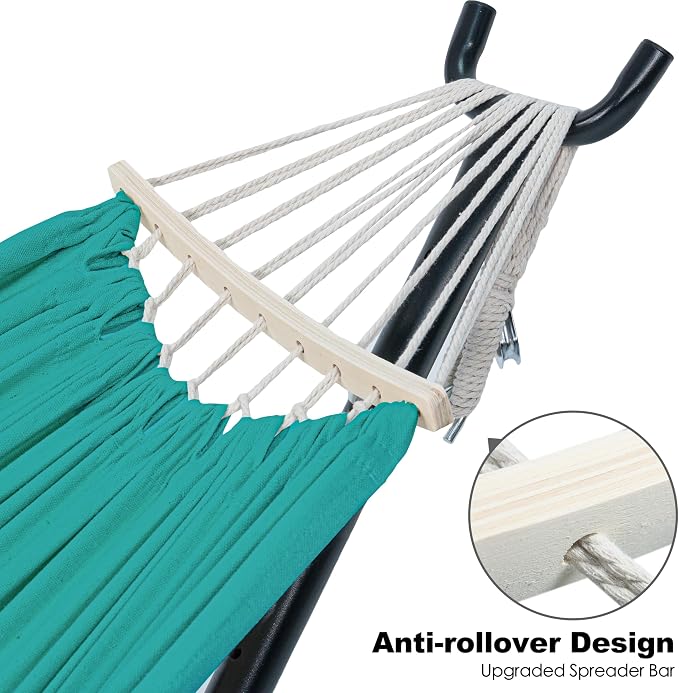 Gafete Double Hammock with Stand for Outside, Upgraded Spreader Bar, Heavy Duty Space Saving Steel Stand 2 Person, Side Pockets, Easy Assembly, 600lbs Weight Capacity, Indoor & Outdoor (Aqua Blue)