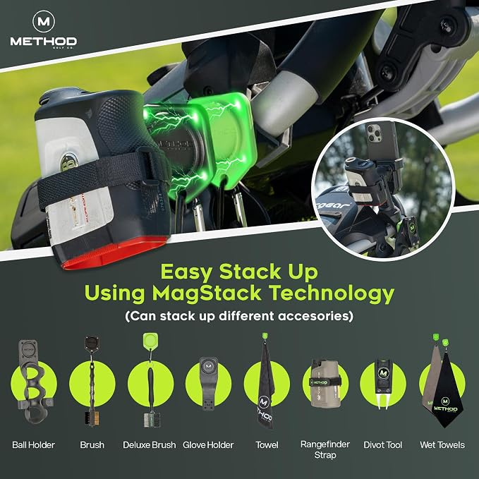 Method Golf PushStack Pro Pack- Magnetic Phone Holder for Golf Push Cart Plus Rangefinder Magnetic Strap, MagStack Microfiber Towel and Club Brush with MagStack Tile- Universal Fit for Most Phones