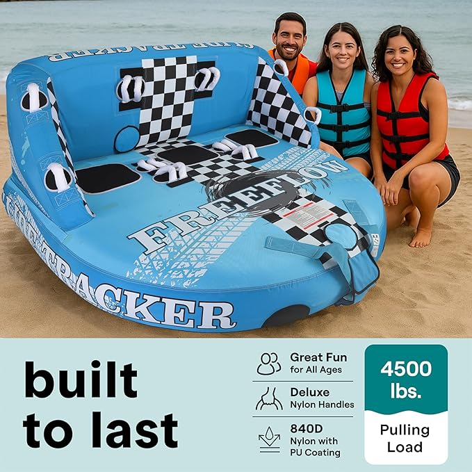 Serenelife Inflatable Towable Tube for Boating – 2-4 Person, 4500 lbs Pulling Capacity, Deck Seats & Backrest, Premium Nylon Cover, Grab Handles, Front/Back Tow Points, Speed Safety Valve