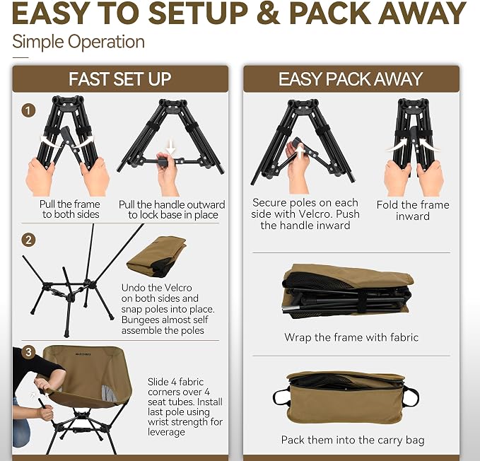 MARCHWAY Lightweight Folding Camping Chair with Spring Lock, Stable Compact Portable for Outdoor Camp, Travel, Beach, Picnic, Festival, Hiking, Backpacking (Lowback Khaki)