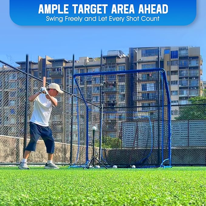 Baseball Softball Net with Blocking System, 7x7ft/6x6ft/10x7ft Practice Cage Net for Batting/Pitching/Fielding, Metal Frame with Elevated Base and Storage Bag for Backyard Indoor Training
