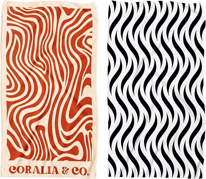 Coralia & Co. Large Microfiber Beach Towel - Quick Dry, Sand-Free, Lightweight with Convenient Storage Pouch (Coral Waves)