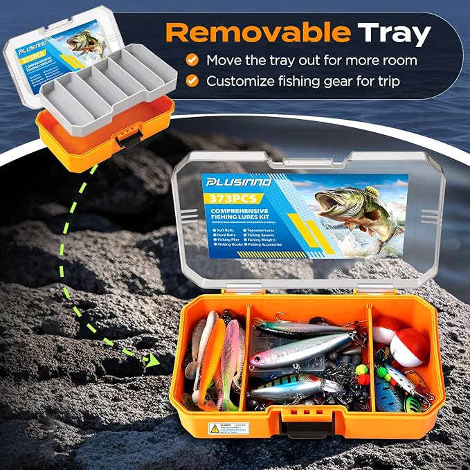 PLUSINNO Fishing Lures Tackle Box Gear Kit with Tackle Included, 373 PCS | Waterproof, Compact & Customizable, for Bass Trout, Freshwater Topwater, 16 Rigs, Fishing Gifts for Men Starter