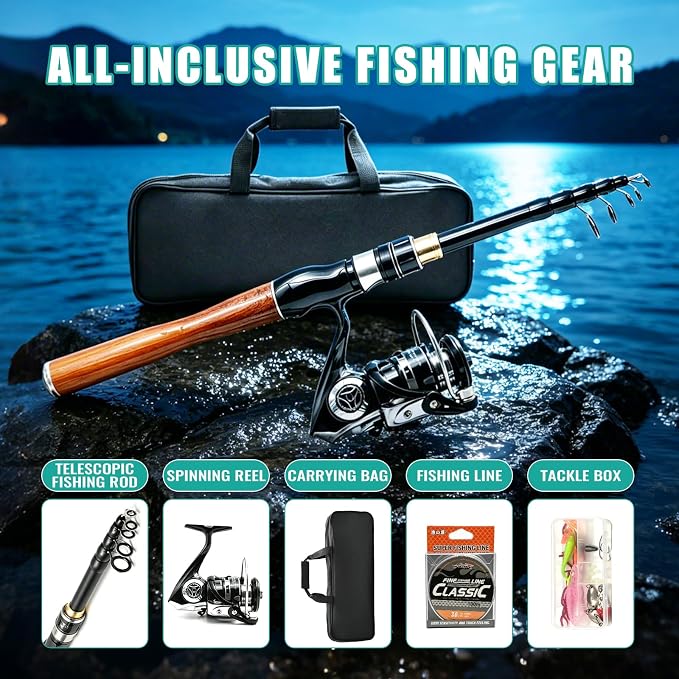 Fishing Rod and Reel Combo Kit, 2PACK Carbon Fiber Telescopic Fishing Pole | 2PACK Portable Spinning Reel Set with Lures,Lines,and Carry Bag for Travel Outdoor Fishing
