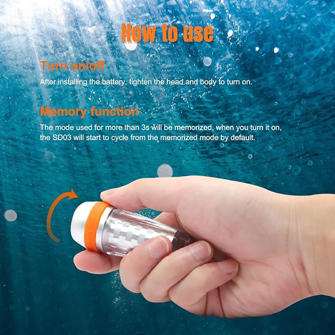 ORCATORCH SD03 Dive Signal Light 4-Color-in-1 (Blue, Red, White, Green) 8 Modes Scuba Diving Beacon with Constant and Flashing Modes, Mini Scuba Tank Marker Light for 100M Underwater Diving