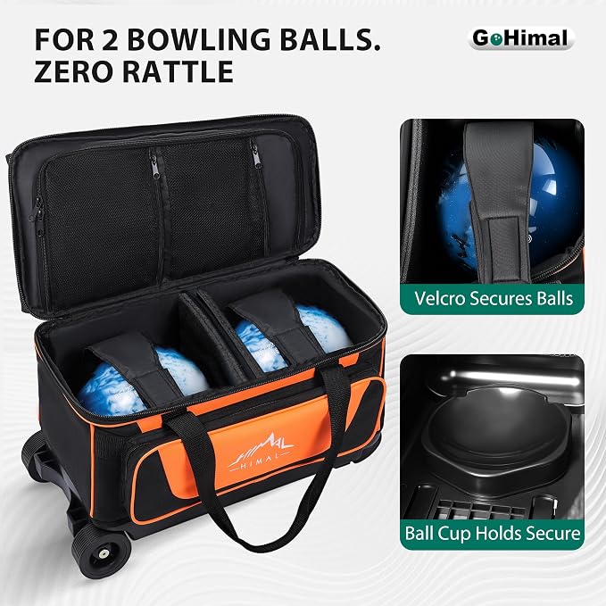 GoHimal Double Roller 2 Ball Bowling Bag with Separate Shoe Compartment for Bowling Shoes (Up To US Mens Size 15) and Oversized Accessory Pocket, Retractable Handle - Extends to 40"