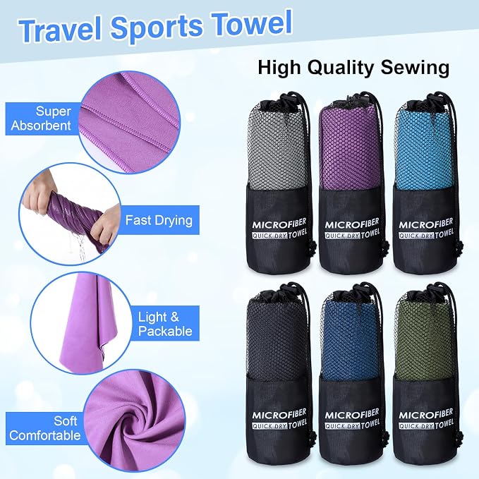 Mindsoft 6 Pack Large Microfiber Gym Towels, 47" x 20" Quick Dry Sweat Towels Super Absorbent Soft Fast Drying Towel Lightweight Towel for Workout, Camping, Backpacking, Beach, Swimming(Fashionable)