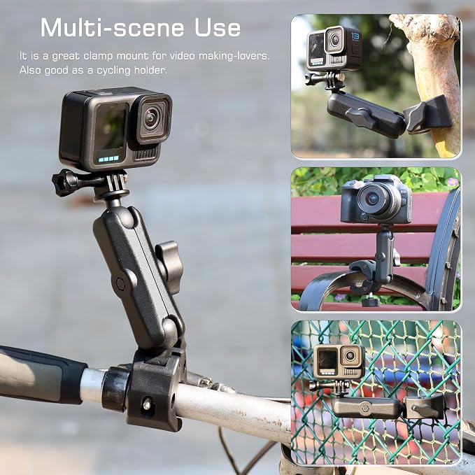 GEPULY Super Clamp Camera Clamp Mount for GoPro Insta360 DJI Motorcycle Accessories Dual 360° Ballhead Magic Arm Double Ball Head Adapter Heavy-Duty for Action Cams/Phones/DSLR/LED Light/Monitor