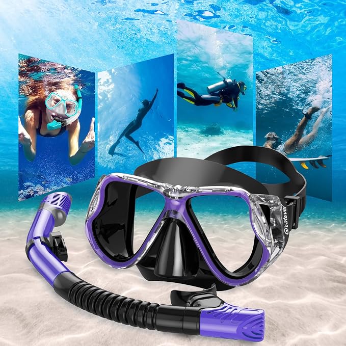 Greatever Dry Snorkel Set,Panoramic Wide View Anti-Fog Scuba Diving Mask,Professional Snorkeling Gear for Adults Kids