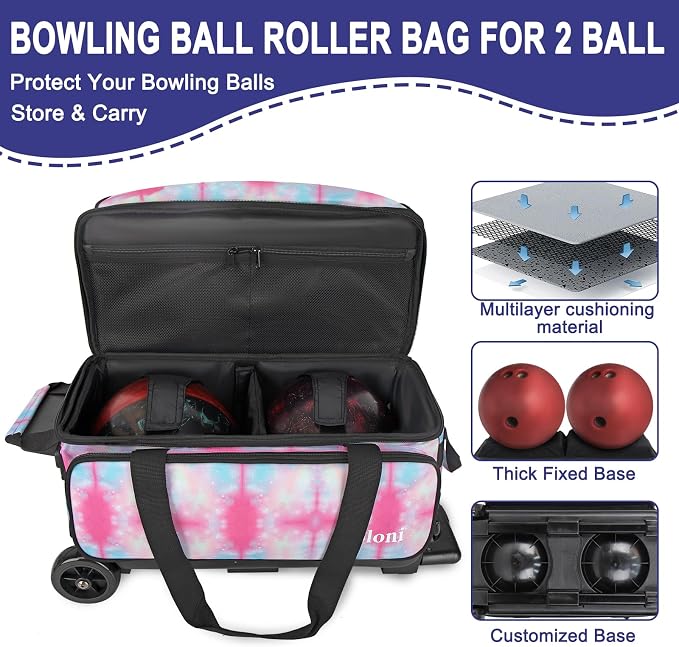 Goloni Double Roller 2 Ball Bowling Bag with Separate Shoe Compartment,2 Ball Bowling Bag with Wheels,Retractable Handle Extends to 40"
