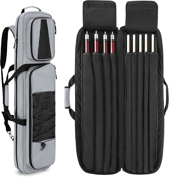 GOBUROS 4x5 Pool Cue Case, Billiard Stick Carrying Case Holds 4 Butts and 5 Shafts, Soft Pool Stick Bag with Large Front Accessories Pockets and Shoulder Strap for Easy Carry