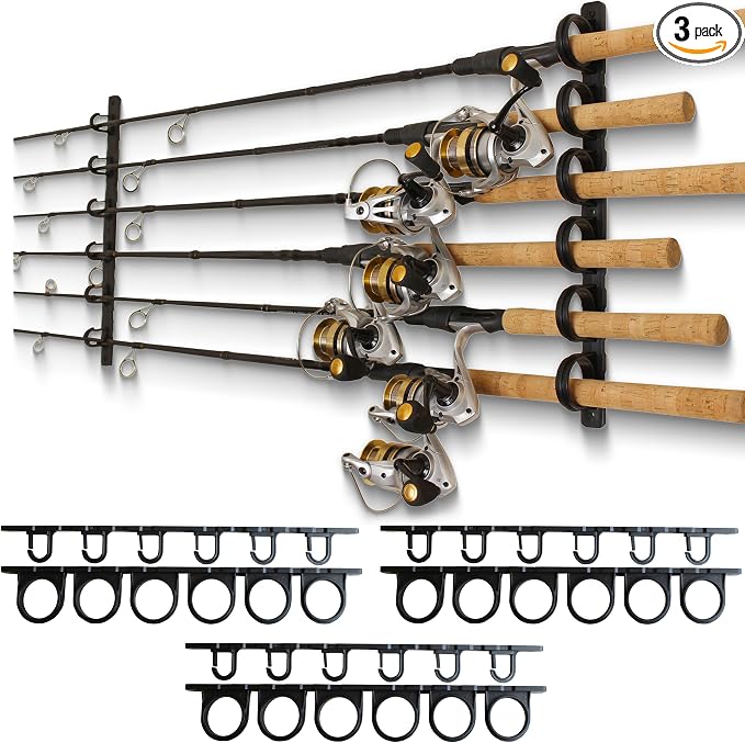 Rush Creek Creations Set of 3 Adaptable 6, 12, 18, or 24-Rod Horizontal Wall-Mount Fishing Pole Holders, Ceiling or Wall Fishing Rod Racks for Garage, Fits Most 0.12" to 0.75" Diameter Rods